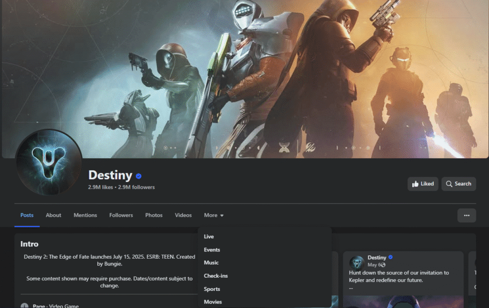 Destiny has no official Facebook group